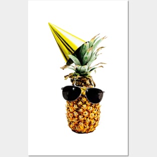 Funny pineapple wearing black aviator style sunglasses and party hat Posters and Art